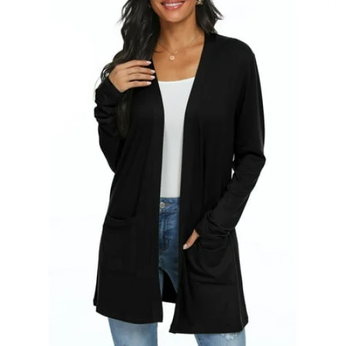 JWD Women's Cardigan Casual Lightweight with Pocketes Long Sleeve Open Front Cardigan Black L