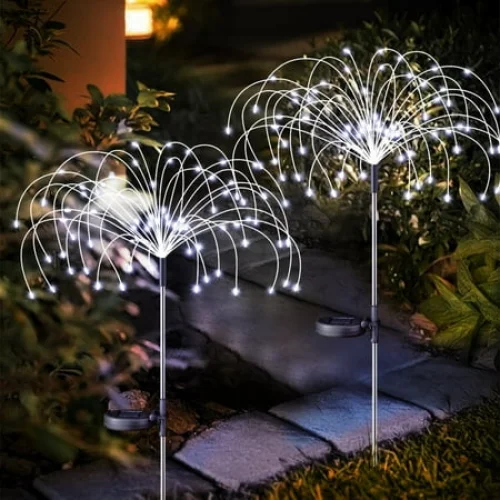 Rirool 2 Pack Solar Firework Lights, 120 LED Outdoor Garden Lights, Waterproof IP65 Pathway Yard Decor, DIY Copper Wire, Auto On/Off, Cool White