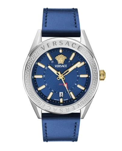 Versace V-Code GMT Men&rsquo;s Watch, Swiss Made Luxury Designer Watch with Blue