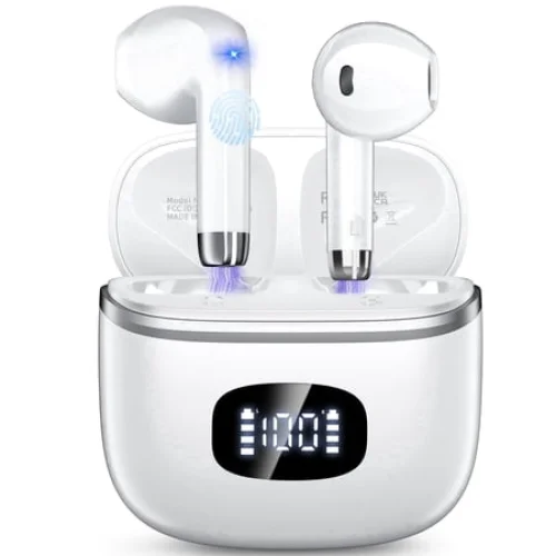 Wireless Earbuds Bluetooth 5.4 Noise Cancelling for iPhone Android with 4 ENC Mic, Dual LED Display, 50H Playtime IPX7 Waterproof In Ear Headphones, White