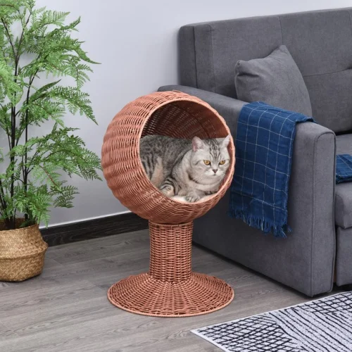 27" Rattan Wicker Elevated Pet Bed Cat Cave Condo Hooded Cushion Scratch House