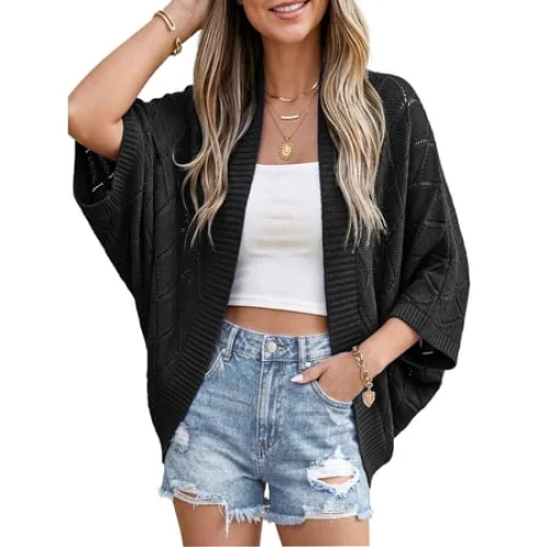 Anygrew Women's Lightweight Crochet Cardigan - Open Front Batwing Sleeve Hollow Out Summer Cover Up