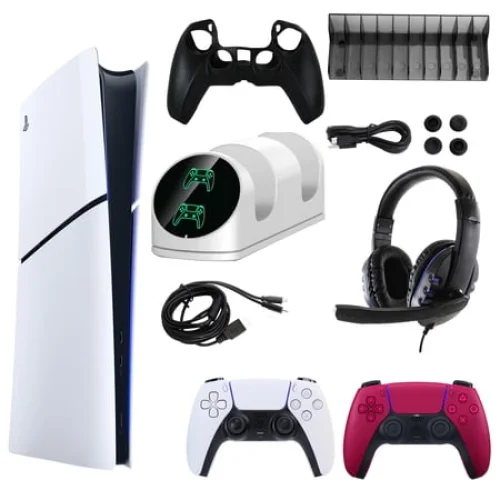 Sony PlayStation 5 Slim Digital Console with Extra Red Dualsense Controller and Accessories Kit (PS5, PlayStation Digital Version)