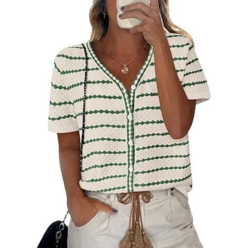 FreshPretty Women's Short Sleeve Sweater Spring Summer Crochet Knit Tops V Neck Striped Button Down Dressy Casual Blouses