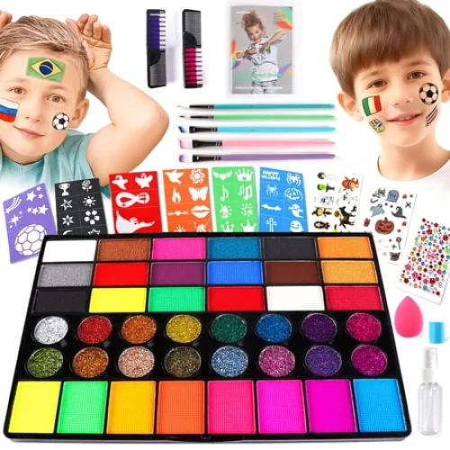 CandWuom Face Painting Kit &ndash; 42 Colors Water Activated Face Paint Set, Professional Kit with Brushes, Stencils & Gems for Halloween, Party, Festival & Cosplay