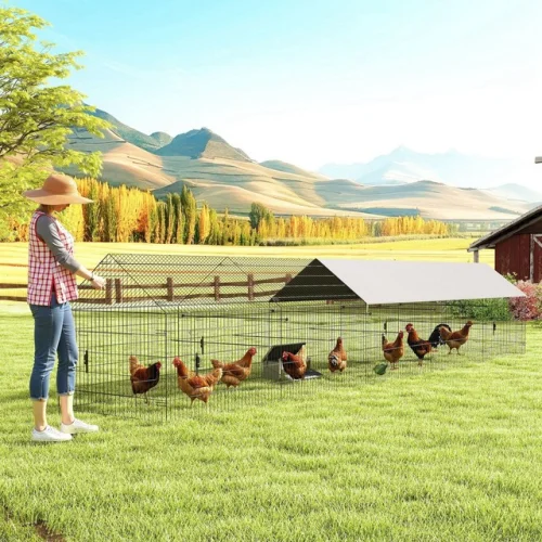 Metal Chicken Coop, Large Chicken Run with Water-Resistant & Anti-UV Cover