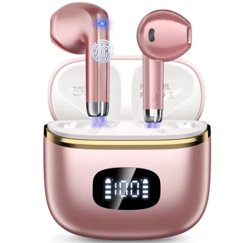 Wireless Earbuds Bluetooth 5.4 Noise Cancelling for iPhone Android with 4 ENC Mic, Dual LED Display, 50H Playtime IPX7 Waterproof In Ear Headphones, Rose Gold
