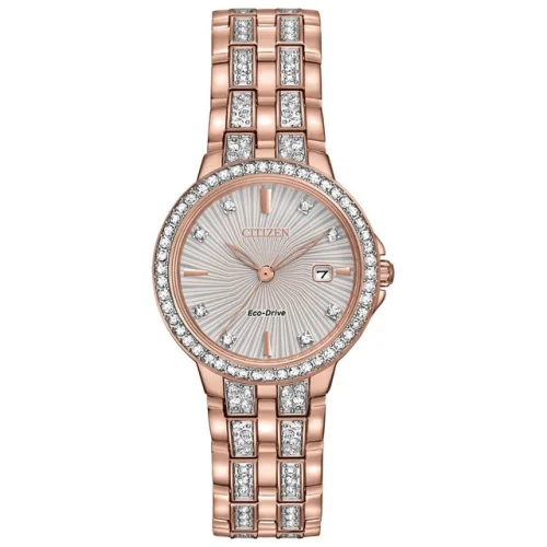 Citizen Women's Crystal Date Solar Eco-Drive Pink Gold Watch 28 MM EW2348-56A