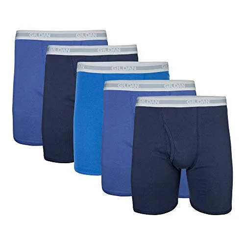 Gildan Men's Underwear Boxer Briefs, Multipack, Navy/Metro Blue/Antique Royal (5-Pack), Medium