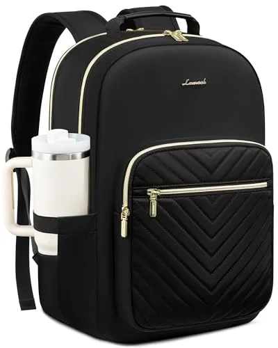 LOVEVOOK Laptop Backpack for Women with Giant Tumbler Holder 15.6 inch,Designer Travel Backpack Laptop Bag College Backpack,Quilted Work Nurse Teacher Backpack Purse Computer Bag Casual Daypack, Black
