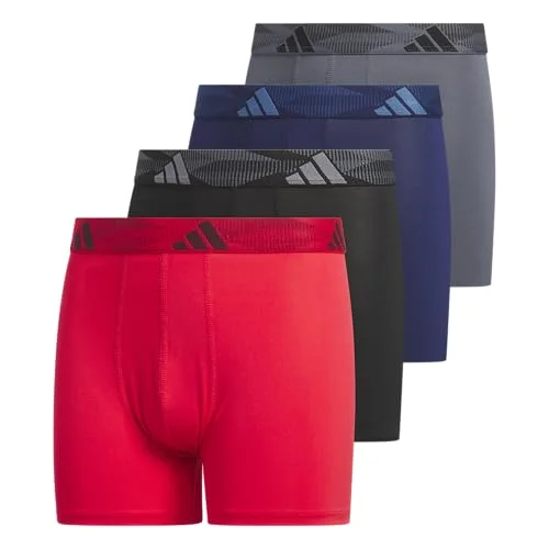 adidas Boys Performance Microfiber Boxer Briefs (4-Pack or 3-Pack) Kids Graphic Underwear, Pure Ruby Red/Black/Dark Blue, L
