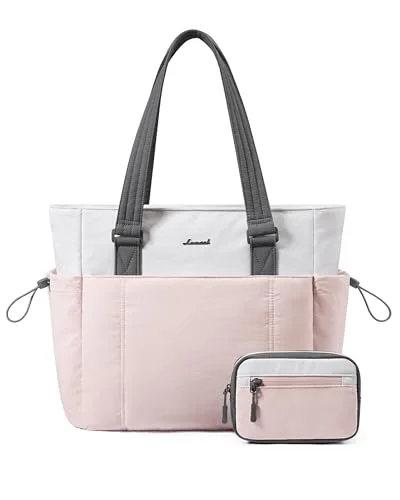 LOVEVOOK Tote Bag for Women,Lightweight Puffy Work Tote with Large Cup Holder & Laptop Compartment,Quilted Travel Tote Shoulder Bag Handbag for Work,Travel,Gym,Pink-White-Gray