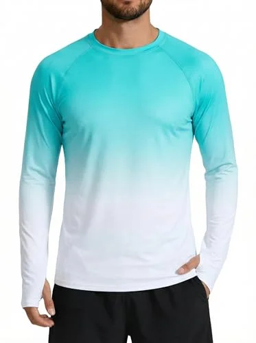 XiaoMoSha Men's Sun Protection Long Sleeve Shirts UPF 50+ Rash Guard Swim T-Shirt Quick Dry Fishing Hiking Running Top Outdoor Lightweight Athletic UV Sports Shirt Medium Green Gradient