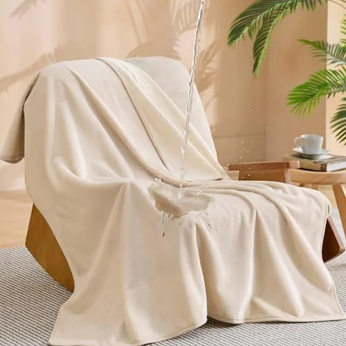 Bedsure Waterproof Blanket for Couch - Soft Flannel Fleece Couch Cover Throw Blanket for Large Dogs Pet Leakproof, Protector for Camping, Travel, 50"x60", Cream