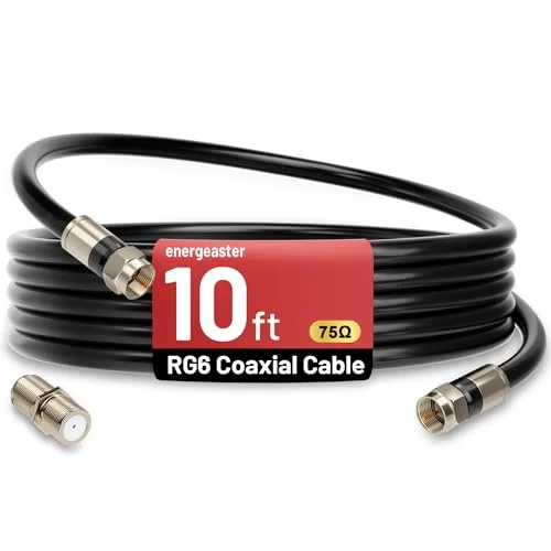 energeaster 10FT RG6 Coaxial Cable with F-Type Connector, Coax Cable Cord Extender, High Speed Internet, Indoor Broadband and Digital TV Aerial for Satellite, Antenna, DVR, VCR, HDTV, Black