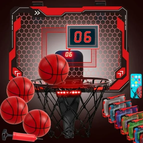 SYNCFUN Basketball Hoop Indoor for Teen Boy, 15.1" x 11" Indoor LED Electronic Scoreboard Basketball Hoop Over The Door with 4 Balls,Basketball Game Toys Birthday Gifts for Kids Teen Boy Adult,Red