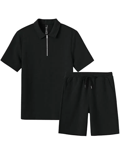 MoFiz Mens Sweat Suits Set Tracksuit 2 Piece Outfits Short Sleeve Casual Sweatshirt & Loose Jogging Shorts Black M