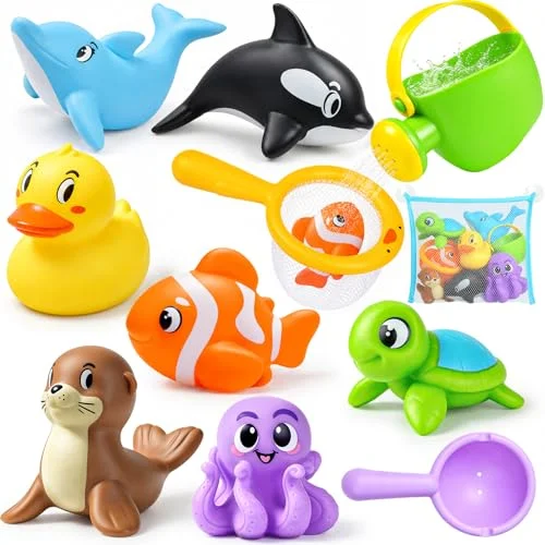 Vcertcpl Bath Toys for Kids Toddler Bathtub Toys, No Hole Baby Bath Toys with Floating Rubber Animals, Watering Can, Duck Net and Spoon, 11 Pack Bathtub Sand Beach Pool Toys Water Toys for Kids