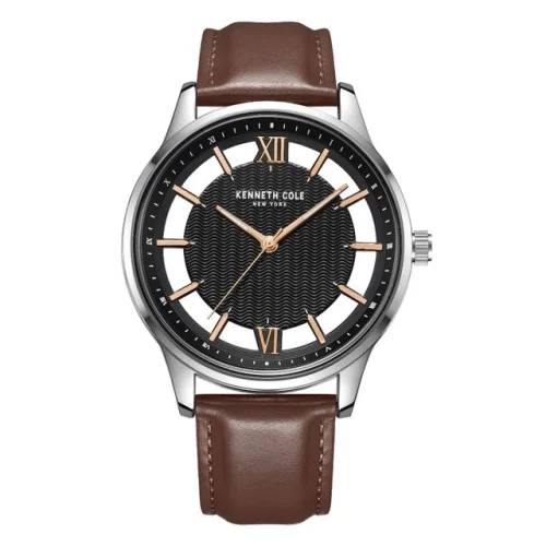 Kenneth Cole Men's Watch Black, White Dial Brown Leather Strap KCWGA2185601