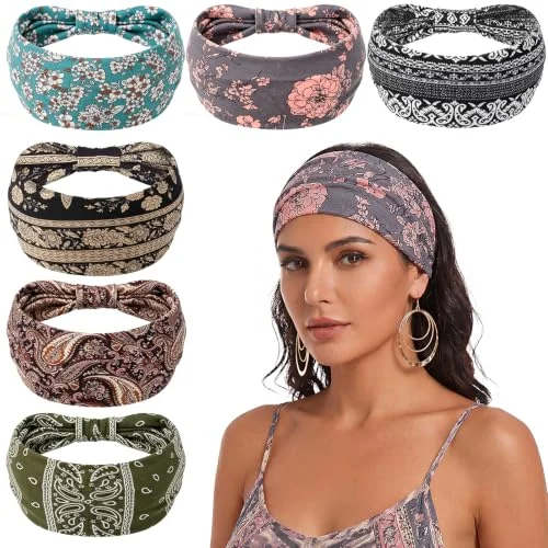 6Pack Boho Headbands for Vacation Style, Non Slip Wide Headband for Yoga Workout African Solid Color Head Wraps