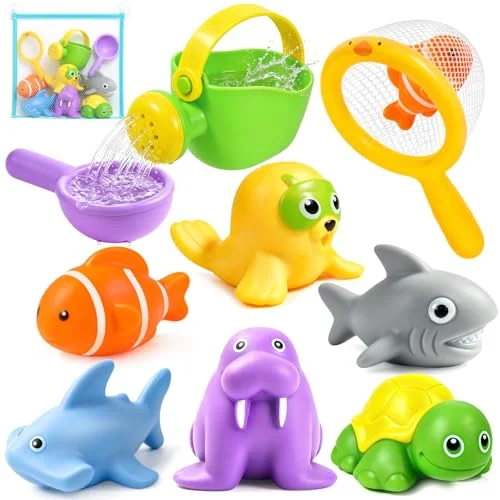 Baby Bath Toys, Toddler Tub Water Toys for Kids Pool Toys Floating Easy Clean Ocean Animal Bathtub Toys with Storage Bag,Watering Can, Bath Cups(10 PCS )