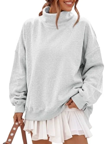 Trendy Queen Women&rsquo;s Fleece Oversized Sweatshirts Fall Winter Mock Neck Pullover with Pockets LightGray M