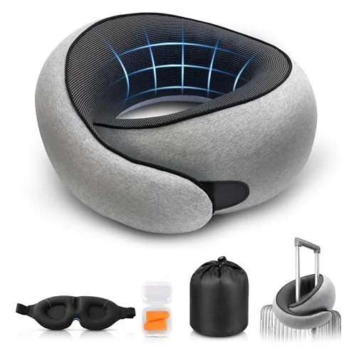 Purroch G-Shape Memory Foam Travel Neck Pillow - 100% Pure Foam Ergonomic Support with Eye Mask & Ear Plugs for Airplane Flights, Car Trips & Office Naps, Medium Gray