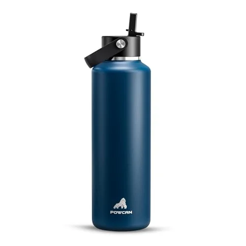 POWCAN 24 oz Water Bottle Insulated: BPA-Free, Leakproof Lid with Straw, Lightweight, Flex Cap, Stainless Steel Water Bottle for Office, Men, Gym, Commute, Worker, Walking, Cycling (Indigo Blue)