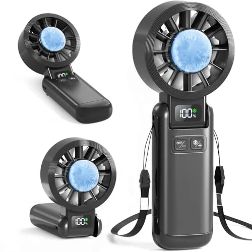 Pro Portable Handheld Fan with Ice Cooling, 5.5m/s High Speed Rechargeable Fan, Independent Switch, 135&deg; Adjustable, 5-Speed, LED Display, Neck Personal for Travel Essentials, Concerts, Sports Events