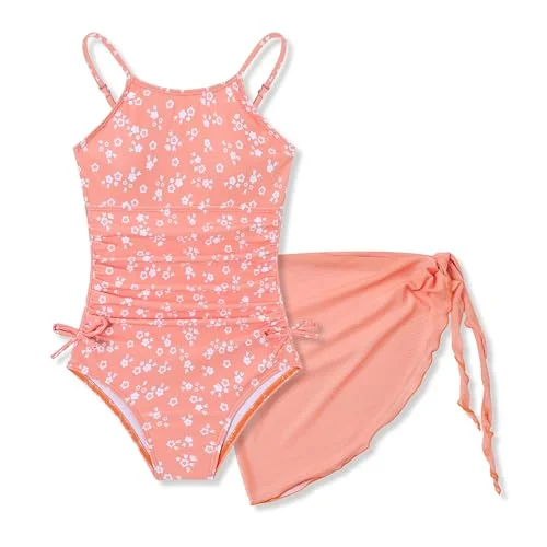 Girls Floral One Piece Swimsuit and Cover Up Skirt Set Orange Bathing Suit for Girls Size 8-9