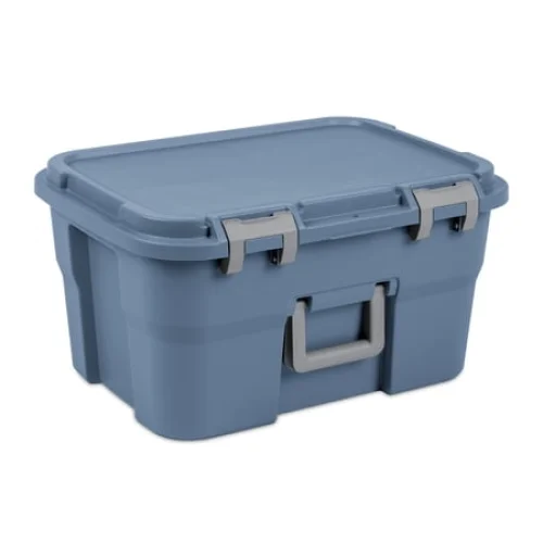 Sterilite 14 Gallon Footlocker Storage Bin, Heavy Duty Plastic Storage Trunk Container, Lockable with Handle, Blue