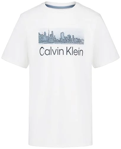 Calvin Klein Boys' Short Sleeve Graphic Crew Neck T-Shirt, Comfortable, Relaxed Fit, Skyline White, 10-12