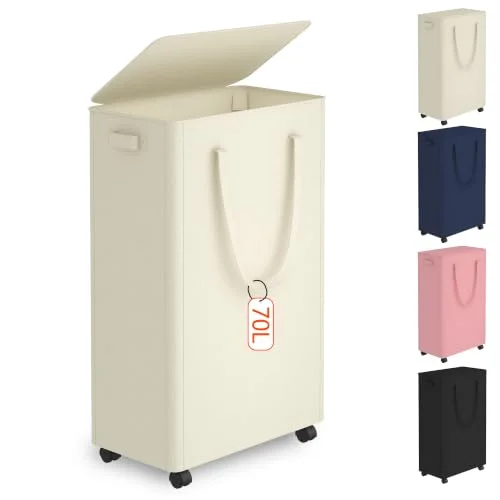 Slim Laundry Hamper with Wheels,18 Gal (70L) Rolling Laundry Basket with lid and wheels Clothes Hamper Foldable Tall Dirty Clothes Basket Sturdy Collapsible Clothes Hamper for Dorm,Laundry Room