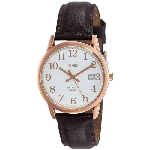 Timex Men's Watch Easy Reader Quartz White Dial Brown Leather Strap T2P5639J