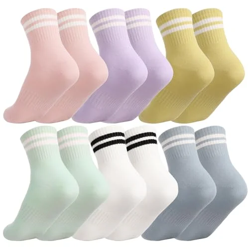 scenicamp 6 Pairs Kids Girls Crew Socks, Colored Cute Cotton Athletic Mid-calf Socks with Stripes, Soft Breathable Casual Sock for Teen Girls 6-8 years
