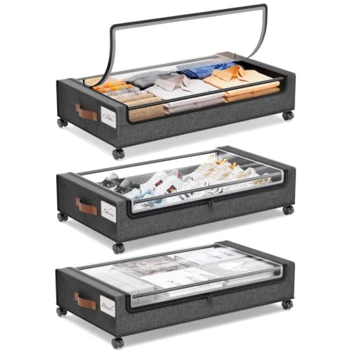 Yecaye 3 Pack Under Bed Storage with Wheels, Under Bed Storage Containers, Underbed Shoe Storage Organizer, Rolling Under Bed Metal Drawers for Clothes, Blankets(30.7 x 16.9 x 6.7 in)