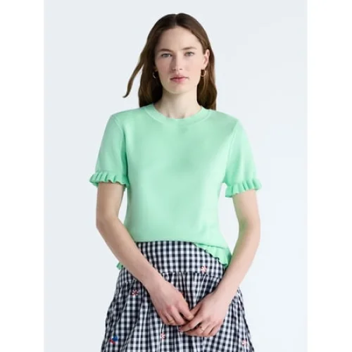 Free Assembly Women&rsquo;s Ruffle Trim Sweater with Short Sleeves, Lightweight, Sizes XS-XXL