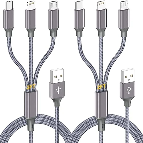 HaoKanDe Short Multi Charging Cable 2ft 2Pack, 3 in 1 USB Charging Cable for Multiple Devices, MFi Certified Lightning Type C Micro USB Braided Universal Phone Charger Cord for iPhone Android Tablet