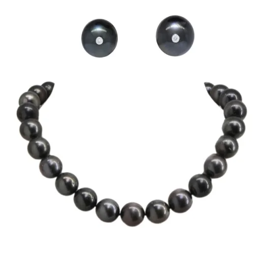 Black South Sea Tahitian Pearl Necklace 17" w/ White Gold Clasp & Earrings SET