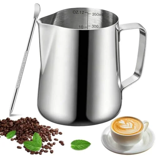 Milk Frothing Pitcher, 600ml (20oz) Milk Frother Cup Stainless Steel Jug Steaming Pitcher, Milk Coffee Cappuccino Latte Art Barista Steam Pitchers Milk Jug Cup with Decorating Pen