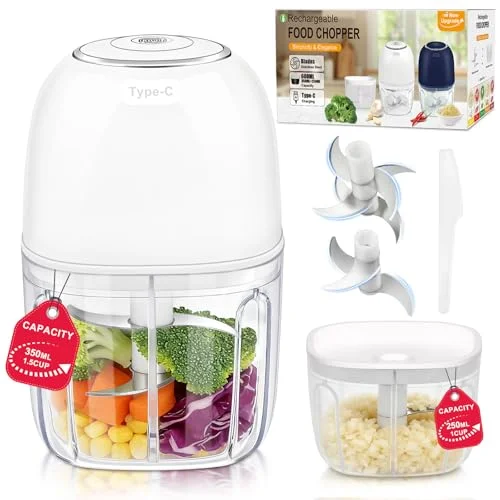 Portable Electric Garlic Chopper, 2 Bowls(1 Cup&1.5 Cup) Cordless Mini Food Processor【Up-Durable Motor】【2 Sets 304 Stainless Steel Blade】Grind for Garlic,Onion,Meat,Baby Food,BPA FREE (White)
