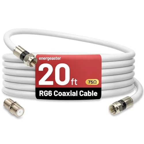 energeaster 20FT RG6 Coaxial Cable with F-Type Connector, Coax Cable Cord Extender, High Speed Internet, Indoor Broadband and Digital TV Aerial for Satellite, Antenna, DVR, VCR, HDTV, White