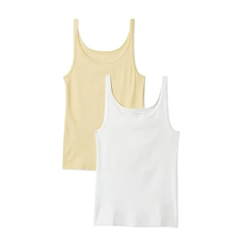 Amazon Essentials Women's Slim-Fit Thin Strap Tank, Pack of 2, Pastel Yellow/White, Large