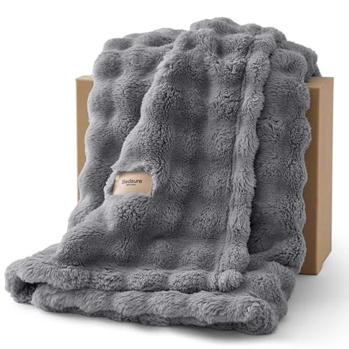 Bedsure 3D Fleece Bubble Blanket for Couch - GentleSoft Grey Throw Blanket for Sofa Bed Room Decor - Luxury Soft Cozy Fathers Gifts for Men Dad, Lightweight, All Seasons, Grey, 50"&times;60"