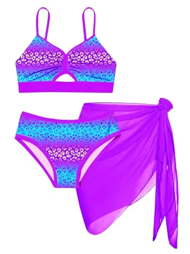Girls Bathing Suit Color-Block Adjustable Straps Girls Swimsuits 3 Piece V Neck Teen Girl Bikini Set Swimwear Cover-Up Sets Purple Leopard Size 13 14