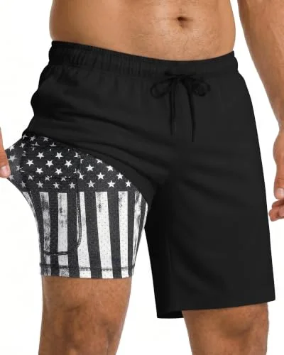 9 Inch 9in Men Swim Trunks Compression Liner Quick Dry Drawstring Male Swimwear Swimsuit Swimtrunks Boardshorts Bathing Suit Fair Beach Water Shorts Zipper Mesh Pocket Lined Inseam Harbor 7 8 10 Black