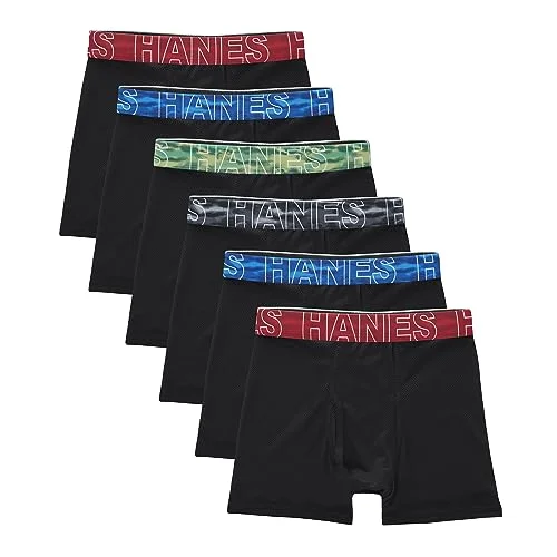 Hanes Boys' Performance Tween Boxer Brief Pack, X-Temp Mesh Stretch Underwear, Black, 6-Pack
