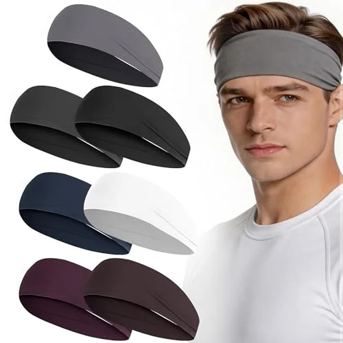 7 Pack Sports Headband for Men, Sweat Absorbent Mens Headband Sweatbands for Running Yoga Fitness Workout Cycling Helmet