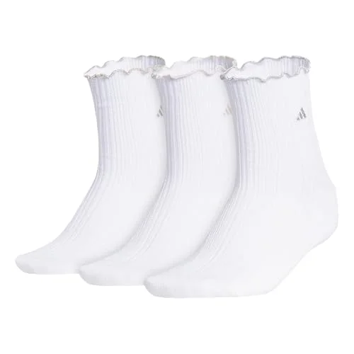 adidas Women's Ruffle Quarter Ankle Socks (3 Pairs), White/Cyber Metallic/Matte Silver Metallic, M