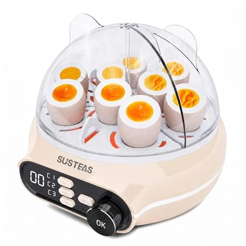 SUSTEAS Rapid Egg Cooker Electric 9 Eggs Capacity, Soft, Medium, Hard Boiled Egg Cooker Simultaneously, Egg Poacher, Kitchen Egg Steamer, Auto Shut-Off, Smart Voice Prompts, Timer Function, Beige